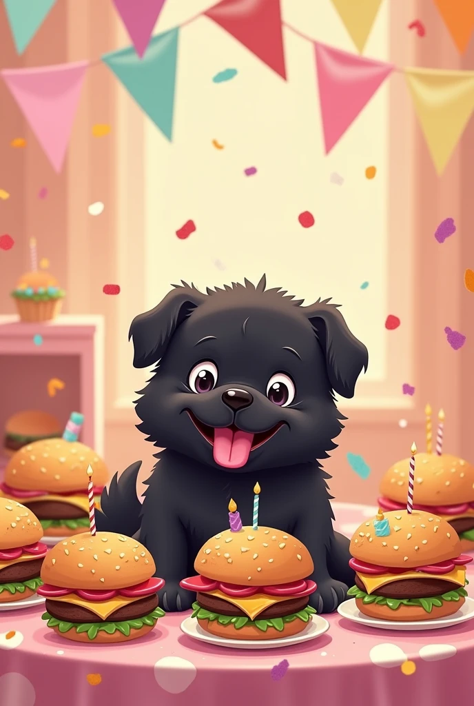 Invitation card that says "Mari's Burger Party", "Saturday 17th at noon". The card design features multiple burgers on a table with a black chow chow puppy with a purple tongue and a happy face in the middle of the table.. The tender style in pastel colors