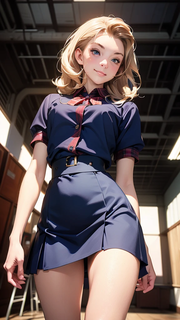 (masterpiece, best quality, chromatic lighting, professional quality, high detail), beautiful 18 year girl, blonde hair, blue eyes, seductive smile, wide hips, skinny waist, school girl uniform, navy plaid short skirt, pantyhose