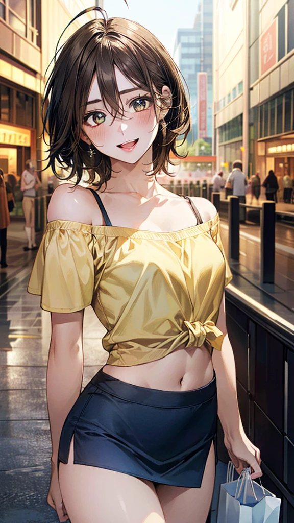 (masterpiece:1.3, top-quality, ultra high res, ultra detailed), (realistic, photorealistic:1.4), beautiful illustration, perfect lighting, natural lighting, colorful, depth of fields, surrealism,
beautiful detailed hair, beautiful detailed face, beautiful detailed eyes, beautiful clavicle, beautiful body, beautiful chest, beautiful thigh, beautiful legs, beautiful fingers,
looking at viewer, 1 girl, high school girl, (perfect anatomy, anatomically correct, super detailed skin), cute and symmetrical face, babyface, perfect face, perfect eyes, shiny skin,
(short hair, sideburns, straight hair, light brown hair), ahoge, hair between eyes, blue-green eyes, big eyes, long eyelashes, (medium breasts, seductive thighs), slender, narrow waist,
(detailed cloth texture, break short sleeve off- shoulder yellow shirt, midriff:1.2, break light blue tight skirt), break
(beautiful scenery), evening, (shopping centre:1.2), standing, (lovely smile, open mouth small),