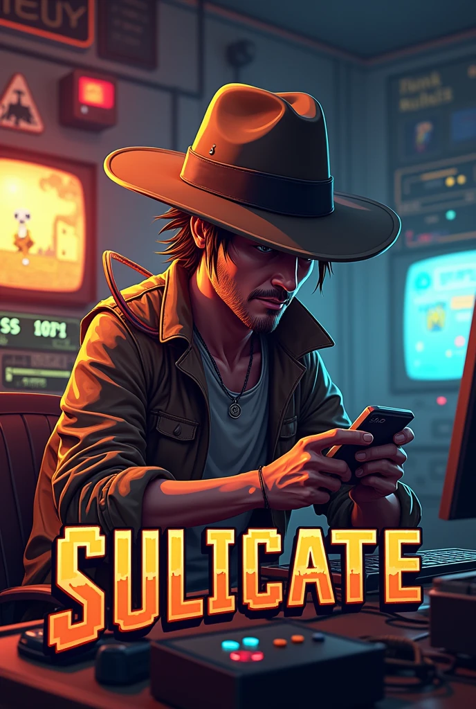 Animated SULICATE Logo Indiana Jones Dress Playing Video Game