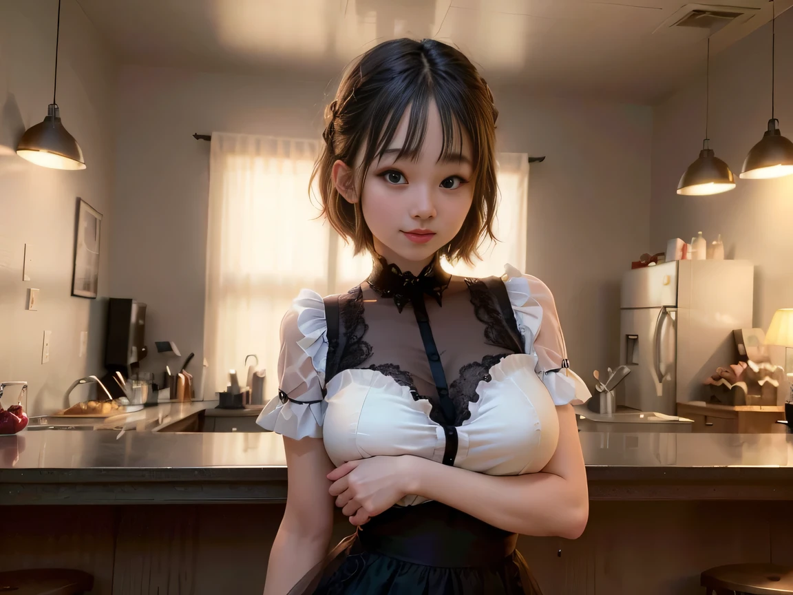(Highest quality, masterpiece, Ultra-high resolution, 8k, RAW Photos, Realistic, Anatomically correct:1.5), 20-year-old girl:1.2, Embarrassing, avert your eyes, blush:1.0, View Viewer, ((bar)) 、Large windows、Night view、 Light:1.2, Bokeh, Cinema Lighting:1.0, Depth of written boundary, sharp、 Cute Face、Idol、(Black short sleeve lace top)、(Black tulle skirt)、”dwarf”、(Full Body Shot)、(Side angle)、Cowboy Shot、( smile)、((Ultra short hair、Berry Short))、(Straight bangs)、((See-through))、(( One woman))、Waist、(I can see your thighs)、look back、