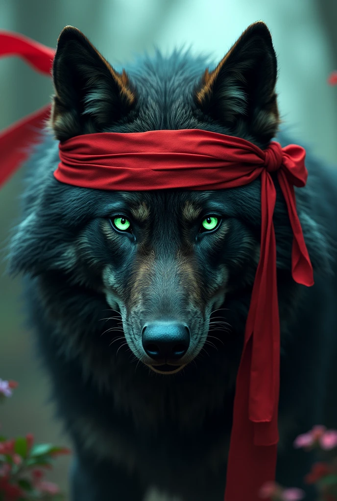 A lead wolf with green eyes only from the neck up with a red ribbon all over its head like a ninja and the background a gamer room