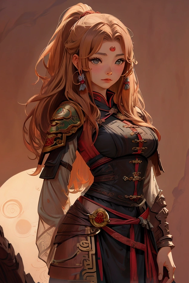 A chestnut-haired female warrior dressed as Sha Wujing,she is strong-willed,A beautiful woman,Smart