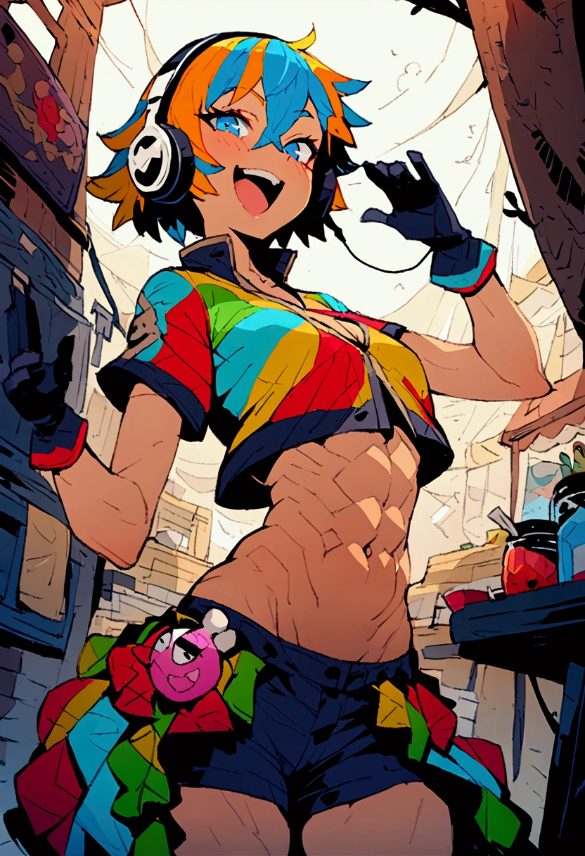 超detailed、Highest quality、masterpiece、cartoon、toned body、a girl、solo、Toned Abs、Colorful Hair、short hair、detailed、Highest quality、masterpiece、Short top、Shorts、smile、headphone、gloves、mesugaki,Short stature、Colorful clothing、pop、Open Mouth、Double teeth