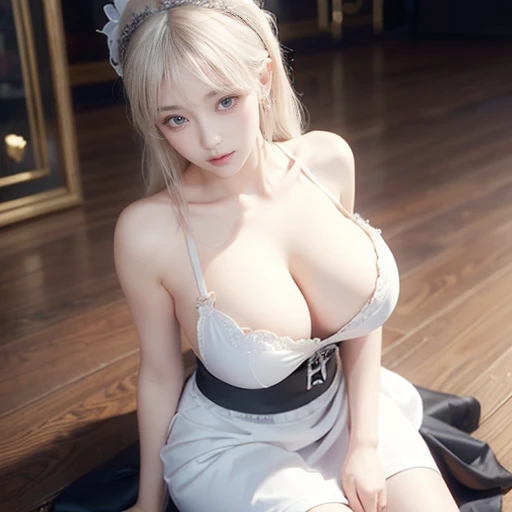 (original character、unity 16k wallpaper, masterpiece, Highest quality, Ultra-detailed, Extremely detailed CG, Caustics, Cinema Lighting, detailed, Beautiful detailed Eyes, alone,Sexy Woman), Ultra-high resolution, Fine skin, (maid, maid apron, maid headdress), (Strong light)、Oily skin,curve:1.2,,Sexy Woman,Little Devil's Face,(Huge breasts:1.2),Platinum Blonde Hair、Put your chest close、From above、Looking up