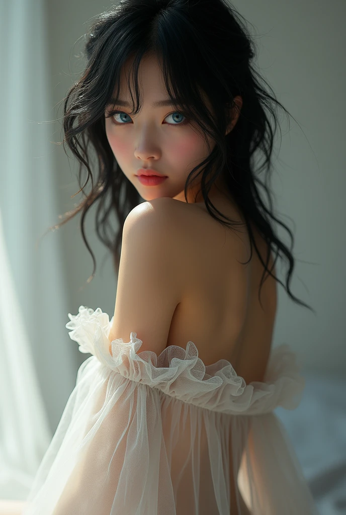 Beautiful young naked woman. Black hair and big blue eyes wearing very sheer pantyhose.