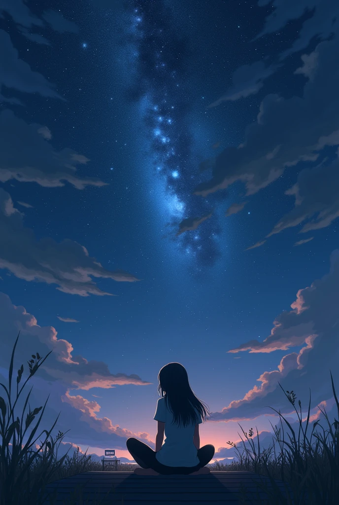 Octane, null, star (null), landscape, starry null, night, Only child, night null, alone, Outdoor, sign, building, cloud, milky way, Sitting, wood, Long Hair, city, silhouette, cityscape