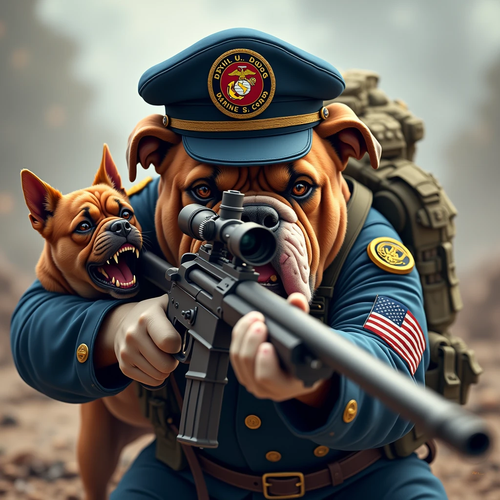 A bulldog wearing a navy hat, devil dogs USMC, shooting a sniper rifle, a German Nazi sausage dog who is scared and crying