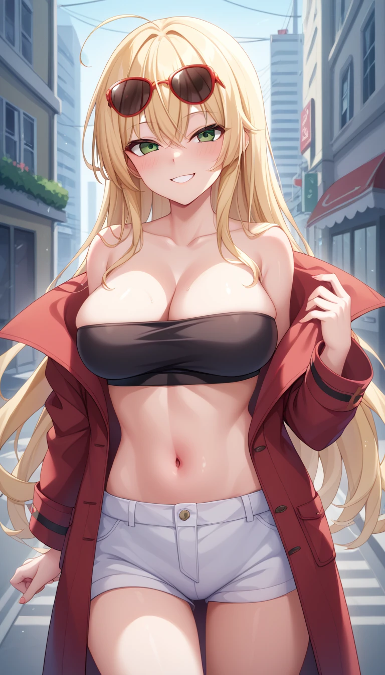 woman、Early 20s、Wicked Smile、Blonde、Long Hair、Green Eyes、Frameless sunglasses with red lenses、breast enhancement、sexy、sexyなポーズ、Black tube top、hot pants、Bright red long coat、R-18、City of night
