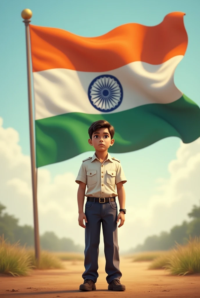 a boy who stands in front of indian flag