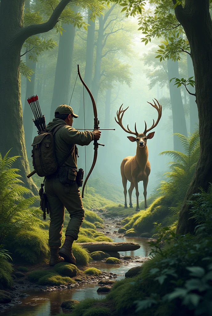 A hunter with bow and arrows and a deer in the forest 
