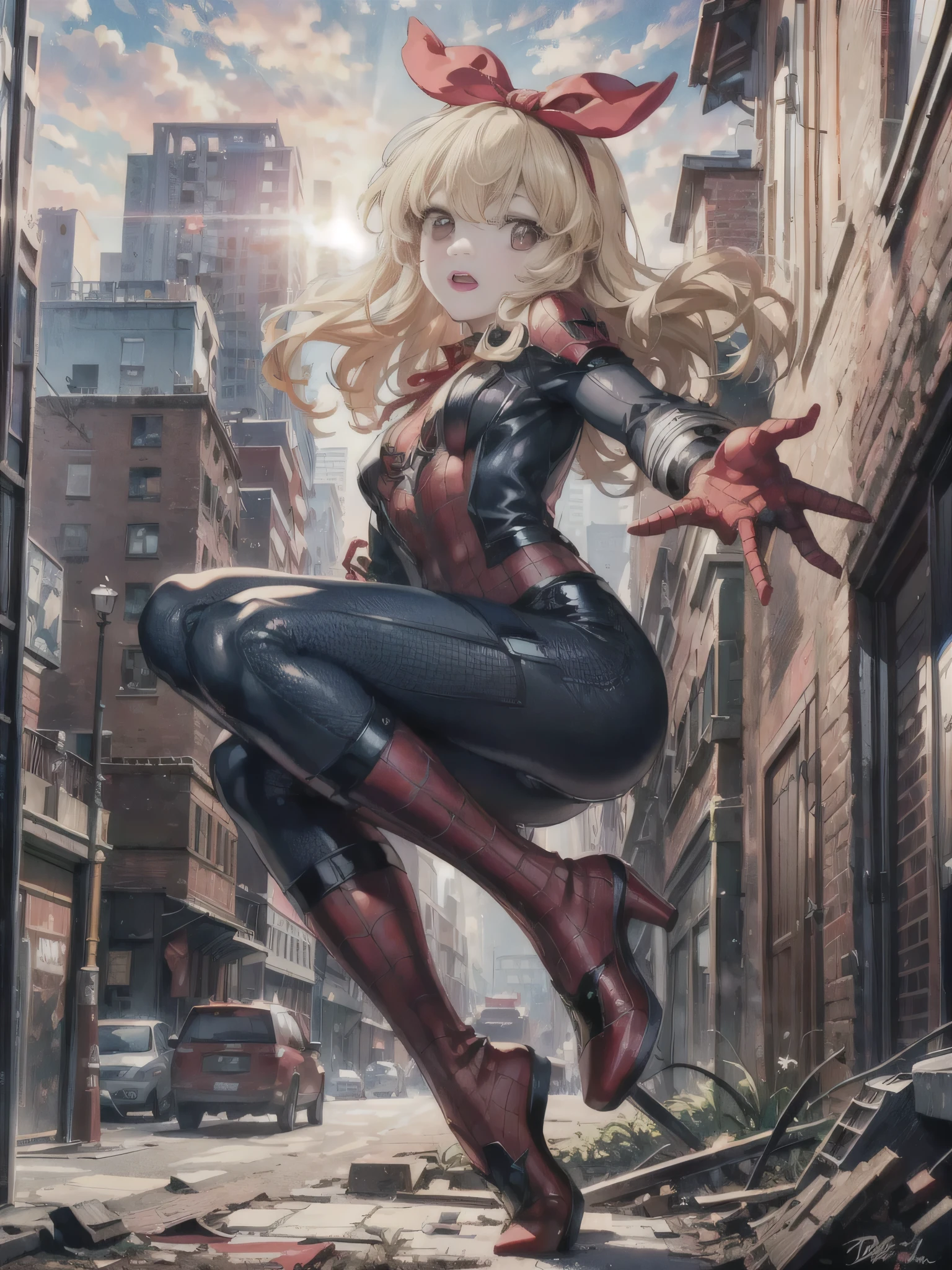 (Red ribbon on hairband: 1.2), (1 girl: 1.3), Solo, __body parts__, official art, unified 8k wallpaper, super detailed, beautiful and aesthetic, beautiful, masterpiece, top quality, raw , masterpiece, ultra-definition photography, highest quality, ultra-high resolution, photorealism, sunlight, full body portrait, amazing beauty, dynamic pose, delicate face, lively eyes, (front view), she is Spider-Man Wearing a suit, red and black color scheme, spiders, highly detailed abandoned warehouse background, detailed faces, detailed, complex and busy backgrounds, messy and gorgeous milky white color, highly detailed skin, realistic skin details, 8k UHD, DSLR, high quality, futuristic dystopian huge metropolis seen from below,