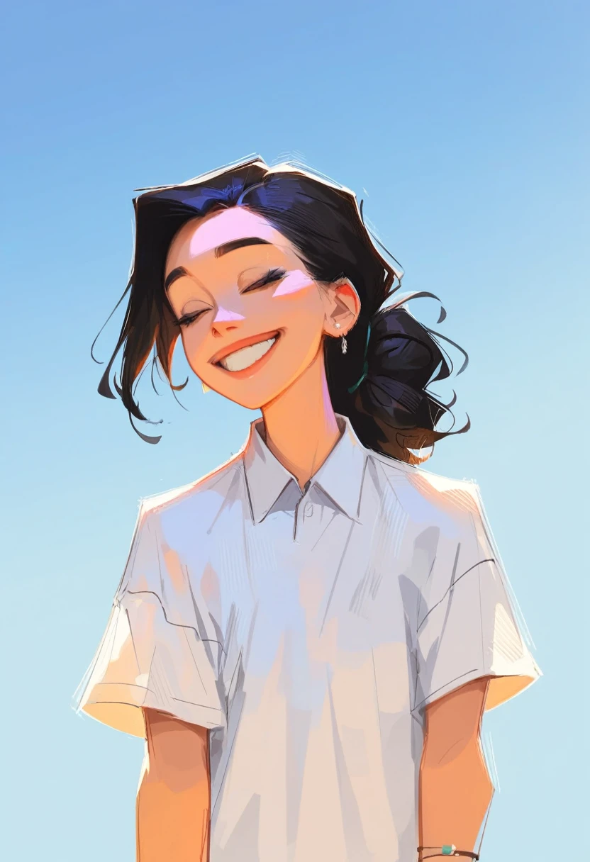 score_9,score_8_up,core_7_up, 1girl, solo, jewelry, smile, simple background, closed eyes, black hair, shirt, bracelet, white shirt, collared shirt, teeth, earrings, upper body,outdoors, blue sky,t-shirt