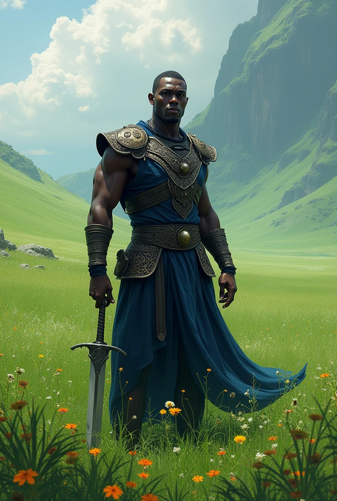 Orisha Black Man, warrior, shorth hair, dark blue clothing, with a medieval sword raised, in a green field.