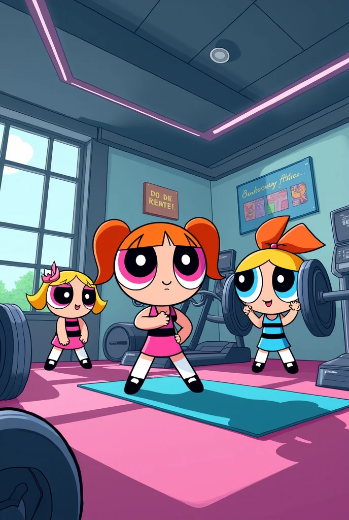 Create the Powerpuff Girls Blossom, Bubbles, and Buttercup at the gym 