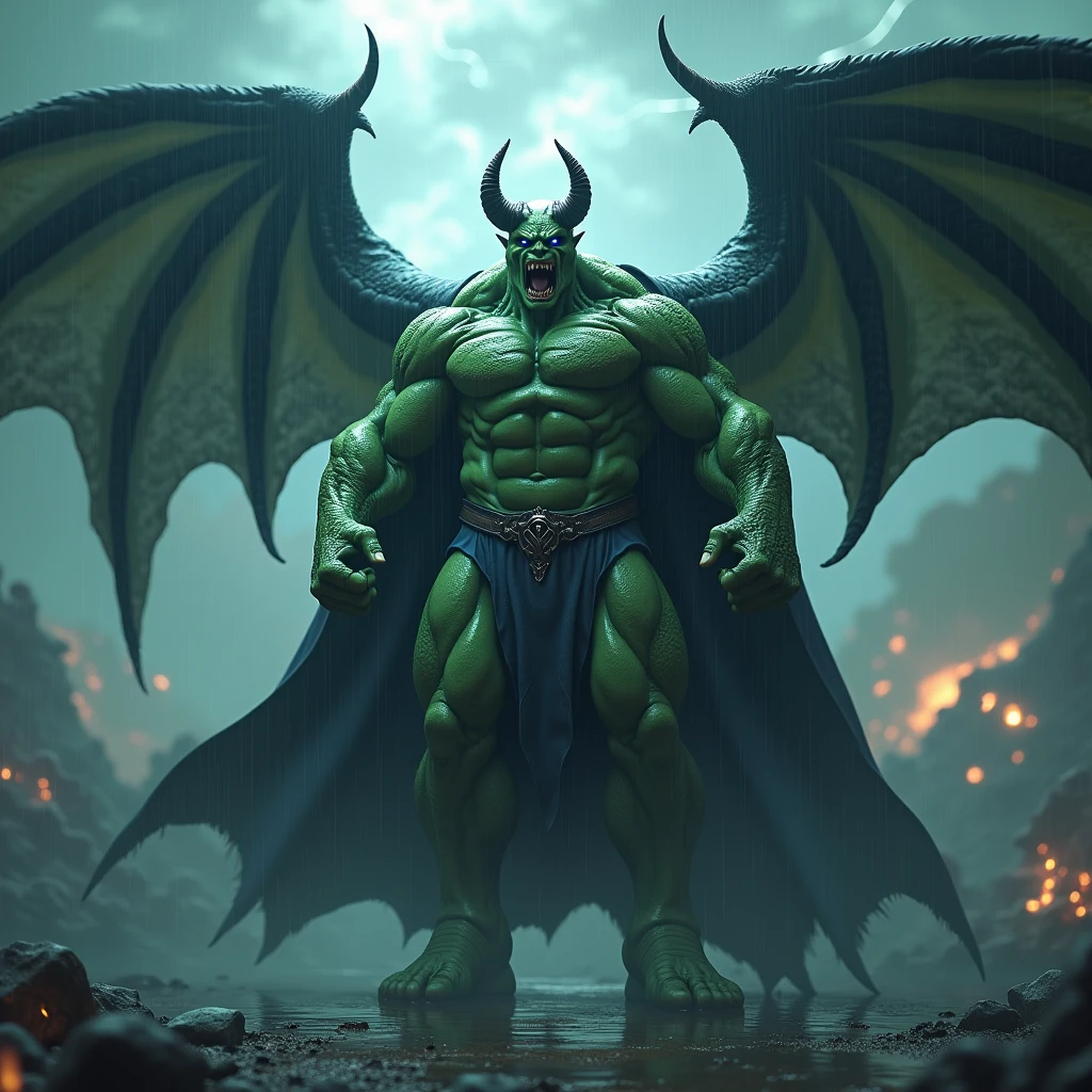 Image of a muscular Hulk wearing a Green Demon Dragon cloak with two dragon horns, dragon wings with a combination of black colors, blue, green. Mata blue menyala, roaring, add scary supporting elements and ornaments. realistic image, ultra realism, perpfect detail. hyper realistic, 4K, UDH. ultra detail, Hyper maximalism, fantasy, badass, very detail, Render Octane. lightning and rain, asap and cloudy skies