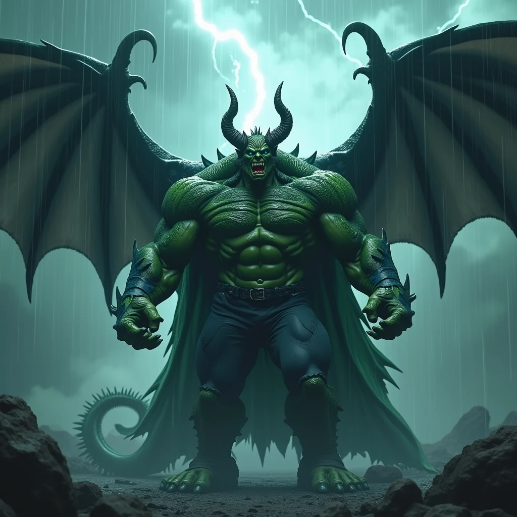 Image of a muscular Hulk wearing a Green Demon Dragon cloak with two dragon horns, dragon wings with a combination of black colors, blue, green. Mata blue menyala, roaring, add scary supporting elements and ornaments. realistic image, ultra realism, perpfect detail. hyper realistic, 4K, UDH. ultra detail, Hyper maximalism, fantasy, badass, very detail, Render Octane. lightning and rain, asap and cloudy skies