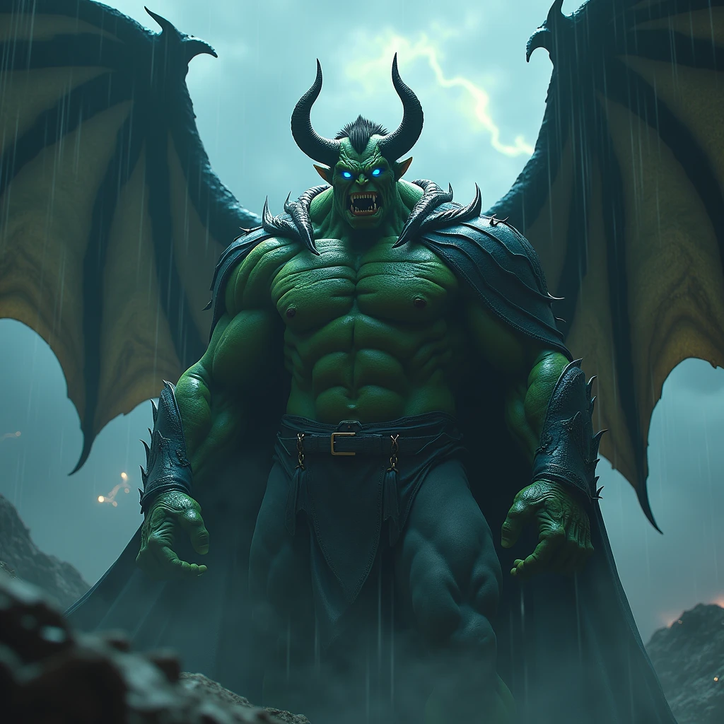 Image of a muscular Hulk wearing a Green Demon Dragon cloak with two dragon horns, dragon wings with a combination of black colors, blue, green. Mata blue menyala, roaring, add scary supporting elements and ornaments. realistic image, ultra realism, perpfect detail. hyper realistic, 4K, UDH. ultra detail, Hyper maximalism, fantasy, badass, very detail, Render Octane. lightning and rain, asap and cloudy skies
