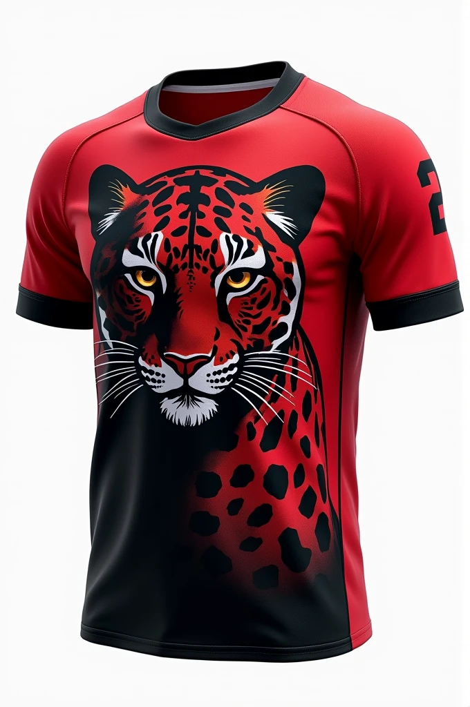 Team jersey front and back, with a jaguar drawn, red and black background, with brown eyes and written 3B on the chest