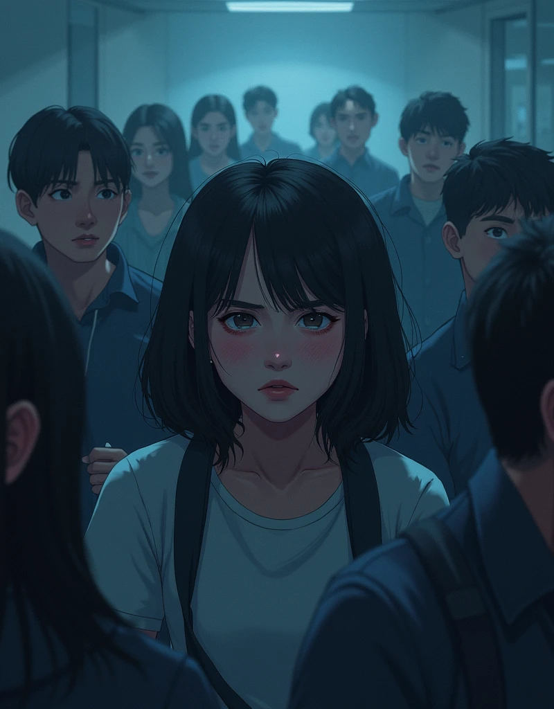 

scene: Illustrates a person surrounded by many people, but clearly isolated, with an expression of discomfort or distress.Details: The person may be receiving critical looks or negative comments, Use cool colors or dark tones to convey a sense of isolation and stress