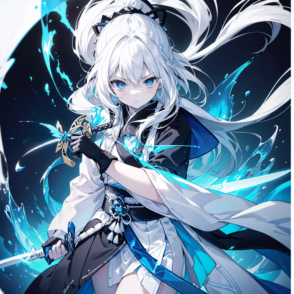One woman,Very white skin,Transparent((have,Long sword,Blue Flame,Reflection of light))Close-up Background((Center Part,Black and White,1:1)) samurai,He has the dignity of a general.,overwhelm,ambition