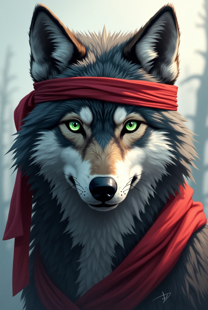 A gray wolf with green eyes only from the neck up with a red ribbon around his head like a ninja and a background( fourth gamer)