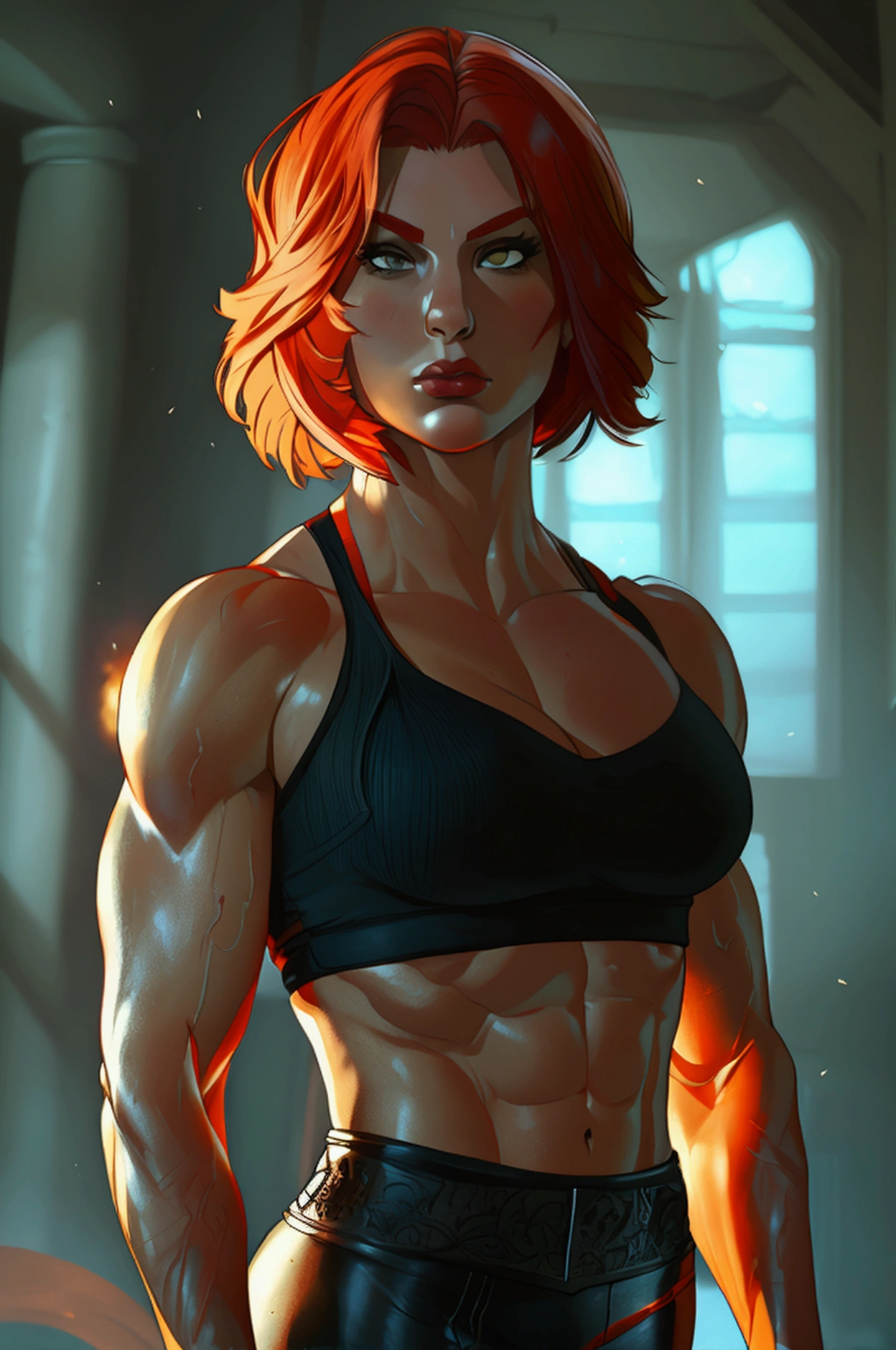 Marisa, 26 years old woman, 6'8" height, weight 269 pounds, short red hair, toned muscular body, sports bra, leather tights, small breasts, big biceps, big ass, realistic, masterpiece