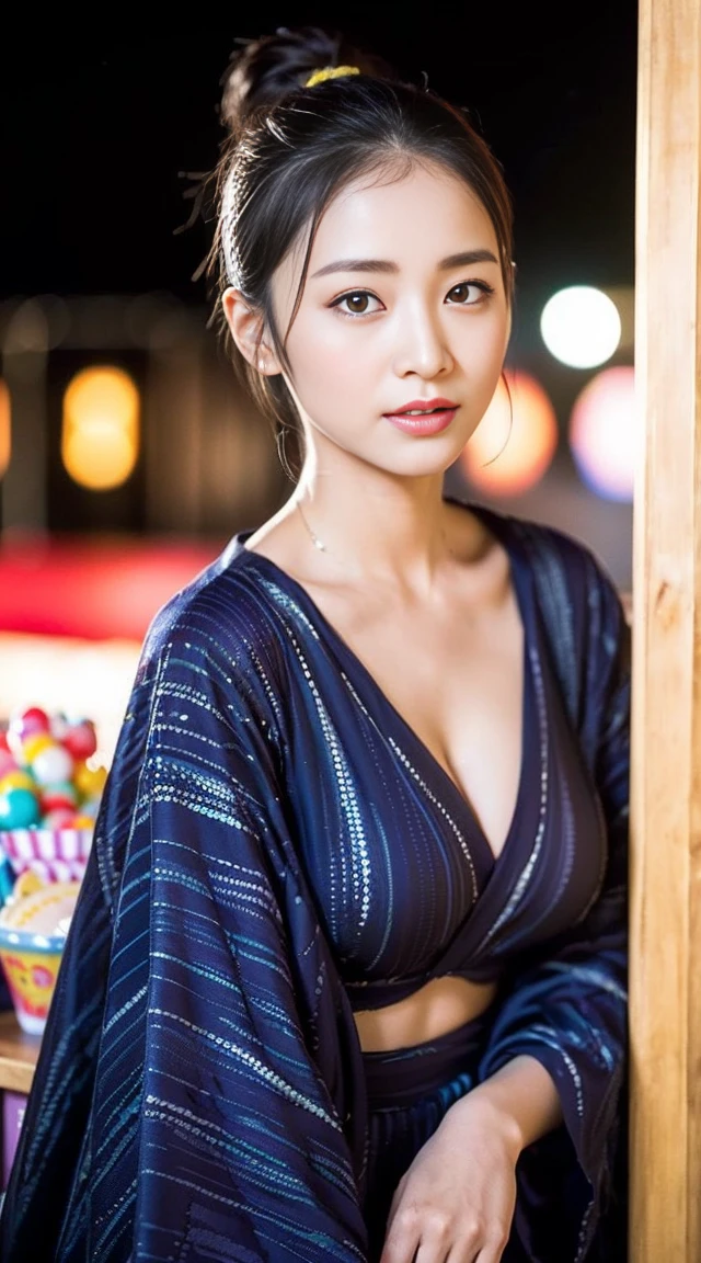 Dark brown hair、Light brown eyes、Japanese actress、 Lady、I am about 40 years old..、(Intricate details:1.2)、(Which is higher???:1.4)、 (超High resolution:1.2)、超High resolution、(Fine-tune)、(Detailed faceの特徴)、Hmph、8k resolution、D cup size breasts、Long Hair、Hue、night、,Full body photo、masterpiece, (One beautiful person), Detailed eyes, Highest quality, 超High resolution, (reality、festival、Opening a store、candy stall、night、walk: 1.4), Original photo, One Girl, Cinema Lighting, standing、 Asian Beauty, Beautiful skins, (超reality的な), (High resolution), (8k yen), (Very detailed),(Ultra-detailed), Detailed face, Fireworks display、Opening a store、yukata、Put your hair up、Japanese clothing、Hairpin、night、