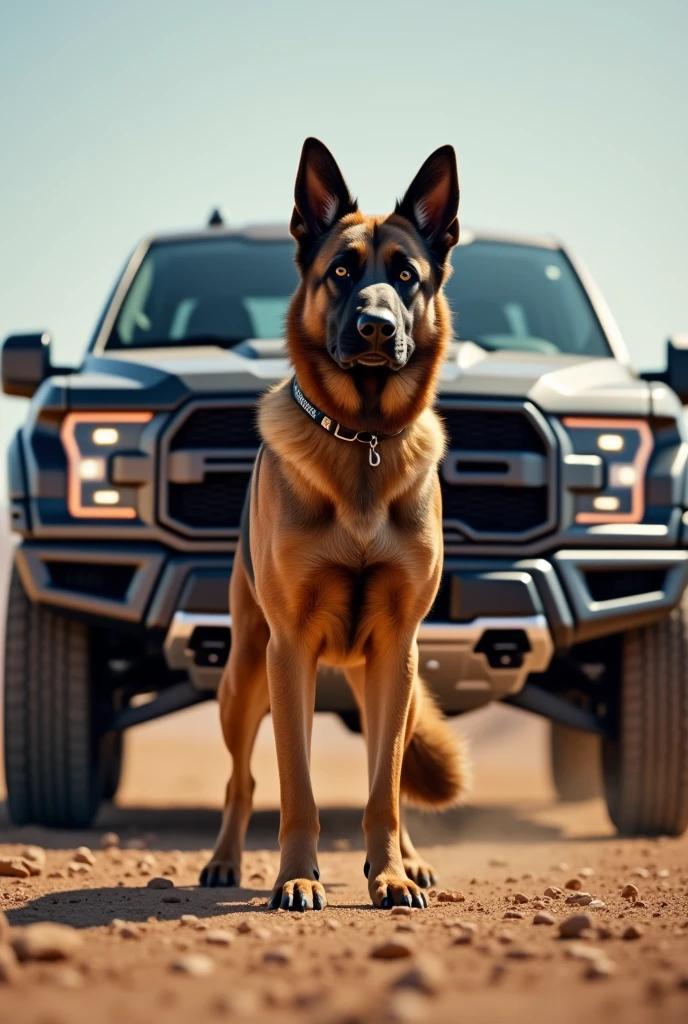 German Shepherd next to a Ford Raptor 