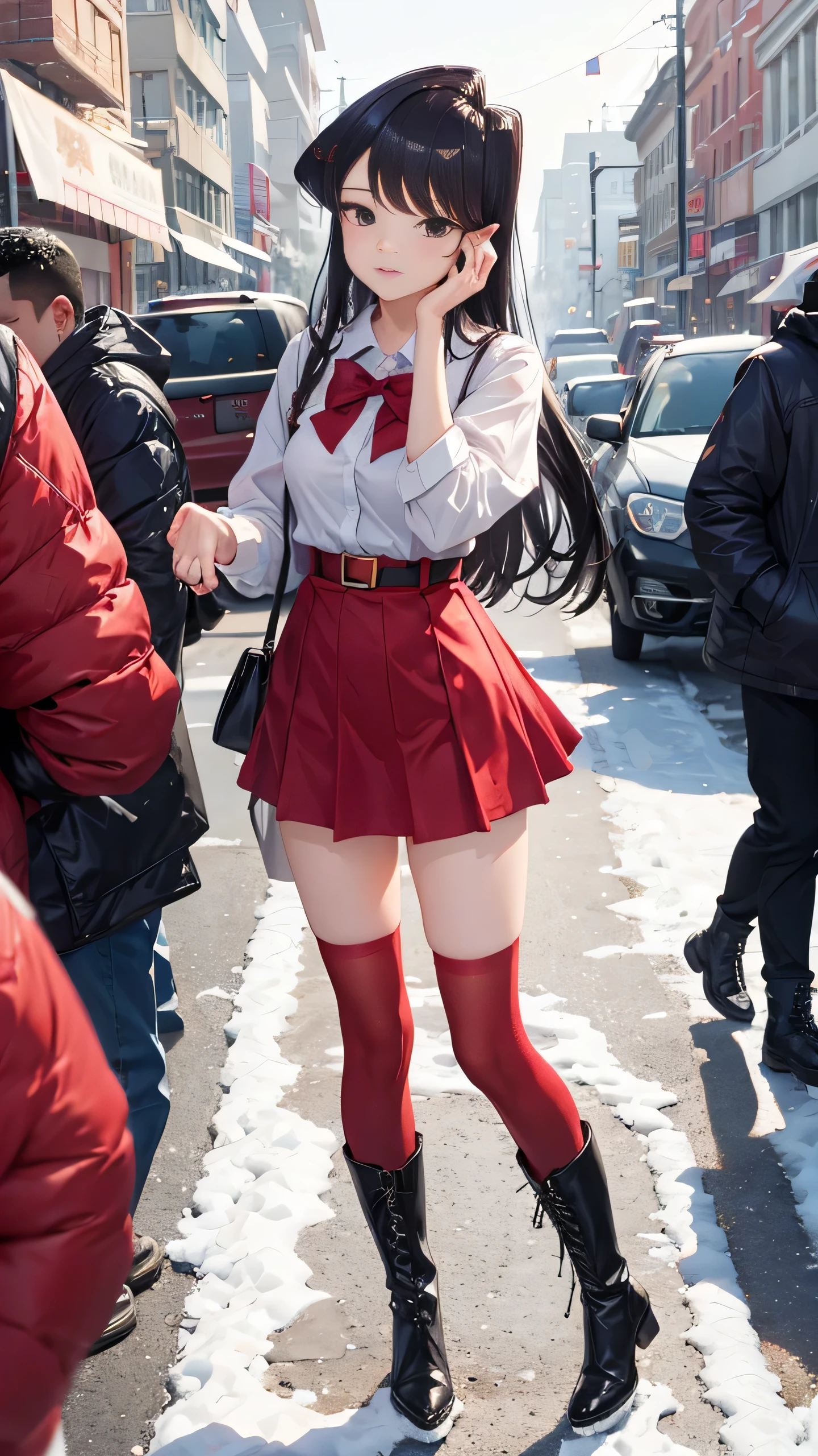 Komi Shouko wearing a Mini Skirt and Boots, sexy pose, (Red christmas costume), snow town
