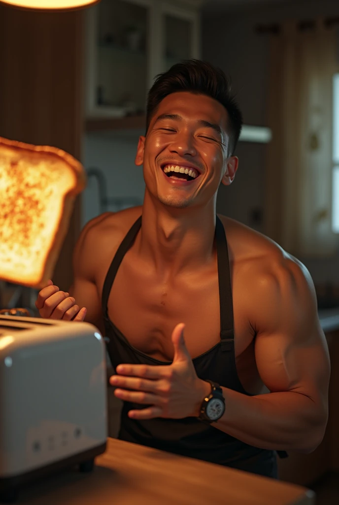 photorealistic, best quality, masterpiece, extremely detailed, sexy, homoerotic, extremely handsome, 30 year old muscular vietnamese man, muscular, (laughing out loud), wearing only apron, in kitchen, toasted bread pops out of a toaster, he tries to catch the bread in mid air, extremely romantic atmosphere, perfect face, perfect fingers, perfect hands, perfection