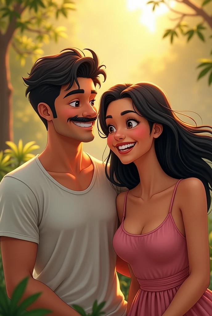 couple, Handsome brunette man, 34 years, with a well-groomed mustache, white woman with black hair, pretty, age 25, both happy in a beautiful place 