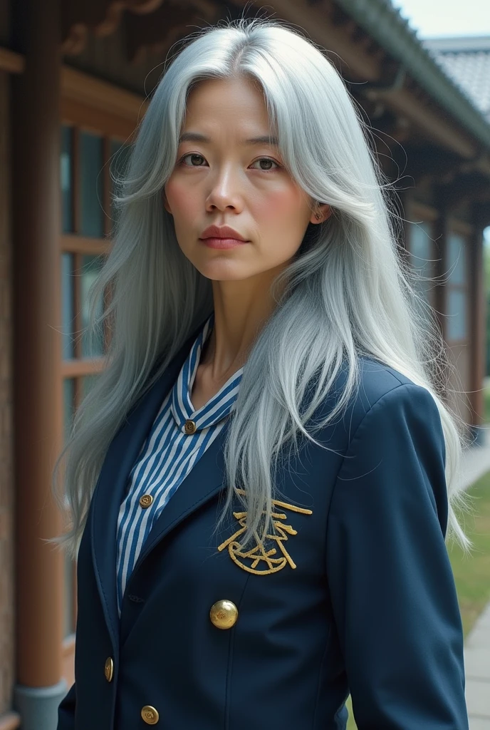 A seemingly age-defying, gray-haired woman in her fifties exudes a youthful aura as she dons the traditional uniform of a Japanese high school student. Her long, silver locks cascade down her back, adding a unique twist to her appearance. The image, which appears to be a hyper-realistic painting, captures every wrinkle and strand of hair with stunning detail. The woman's wise yet youthful gaze and confident stance suggest a depth of character beyond her years. The colors and textures in the painting are rich and vivid, immersing the viewer in the intriguing story of this extraordinary student.