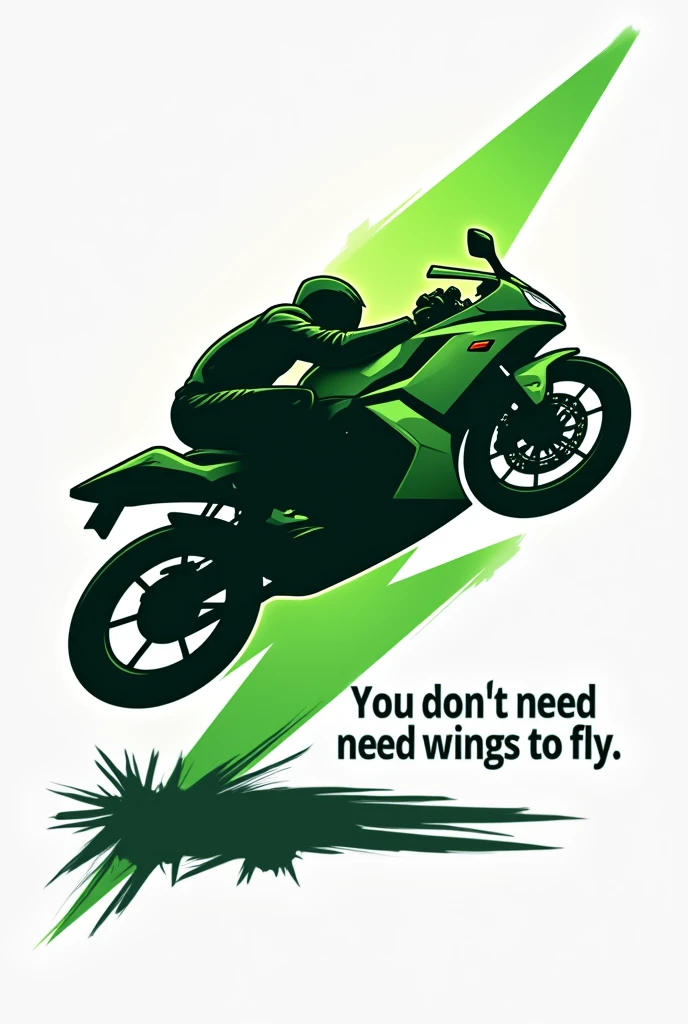 a logo themed the silhouette of a green lightning bolt in the shape of a Kawasaki Ninja 300 motorcycle, falling on the track, The bike is in profile and under the surface it says "Green ray" "You don't need wings to fly", The logo is a cartoon