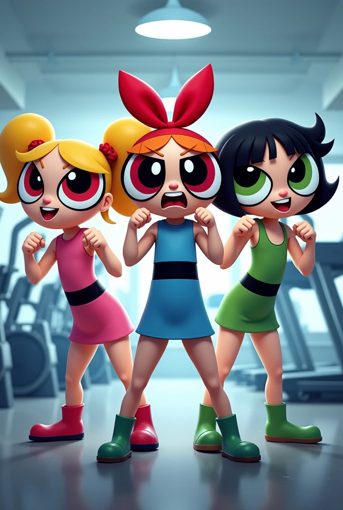 Create the Powerpuff Girls Blossom, Bubbles, and Buttercup at the gym 