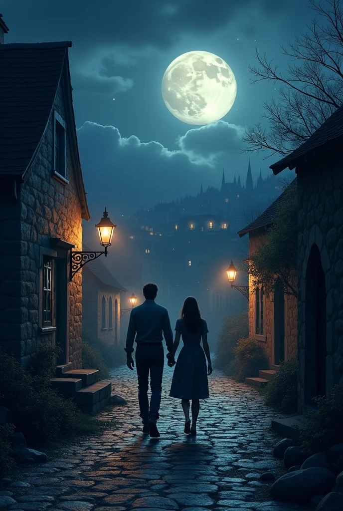 Couple walks on a rocky path at night in a town 