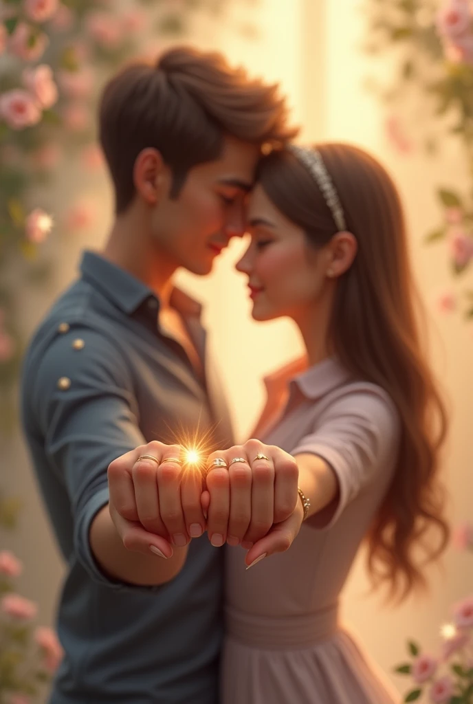 A couple of lovers hugging and with a pair of rings on their ring fingers, very romantic