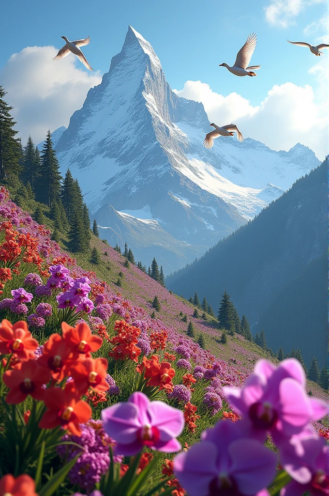 Le mont blanc recouvert d'orchidées de toutes les couleurs avec des oies sauvages qui portent des bonnets blanc qui passent au dessus