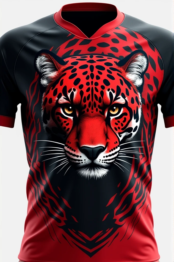 Team jersey front and back, with a jaguar drawn, red and black background, with brown eyes and written 3B on the chest of the shirt in the shape of a shield
