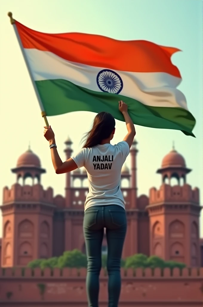 A adult girl hold flag of india an stand on red fort and wear a t-shirt and on the back of t-shirt are written ANJALI YADAV