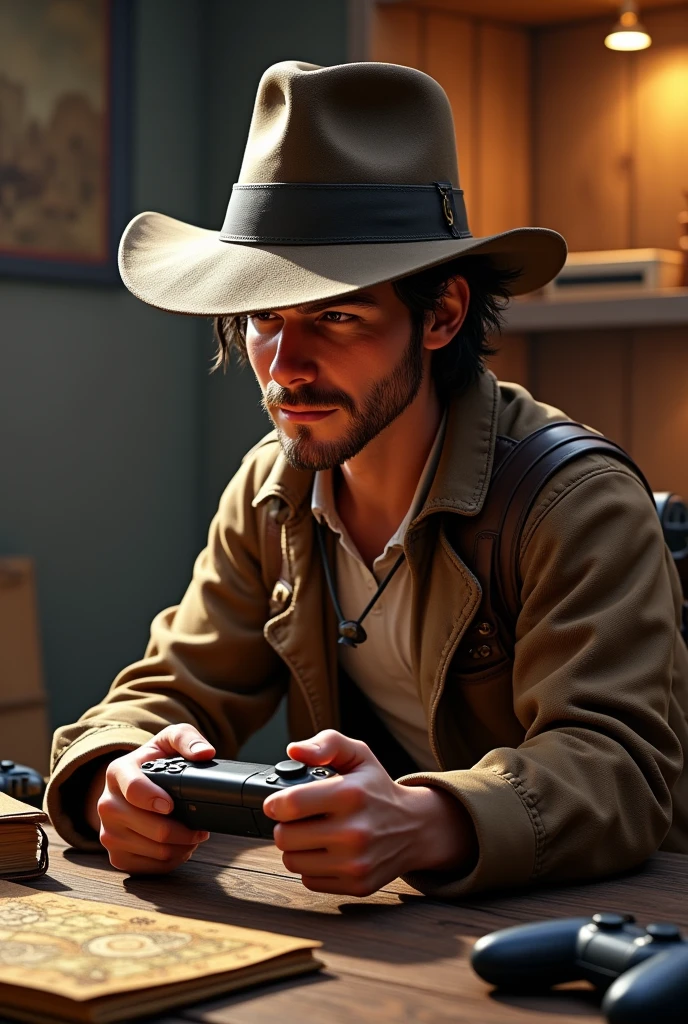 Logo Sulicate Dressed as Indiana Jones Playing Video Game