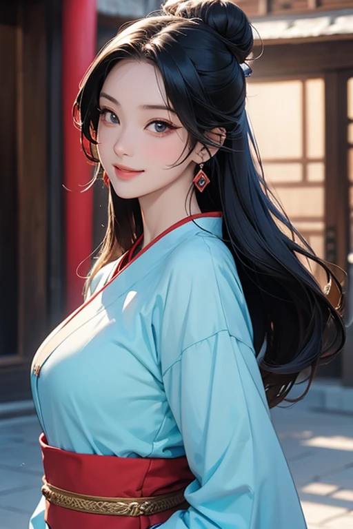 ( High resolution、 Super detailed)、masterpiece、Highest quality、High resolution、8k、Realistic Face、Realistic skin texture、 Amazing clarity、Detailed Anime、15-year-old female、Beautiful Face、Beautiful Face、Pretty lips、Balanced style、Hair styled in a bright-colored round bun、Smiling eyes、Hanfu、Mischievous girl、Walking、look back、Buildings from the Tang Dynasty、Old city streets of China、Cowboy Shot、Detailed Animeアート、Detailed CG、