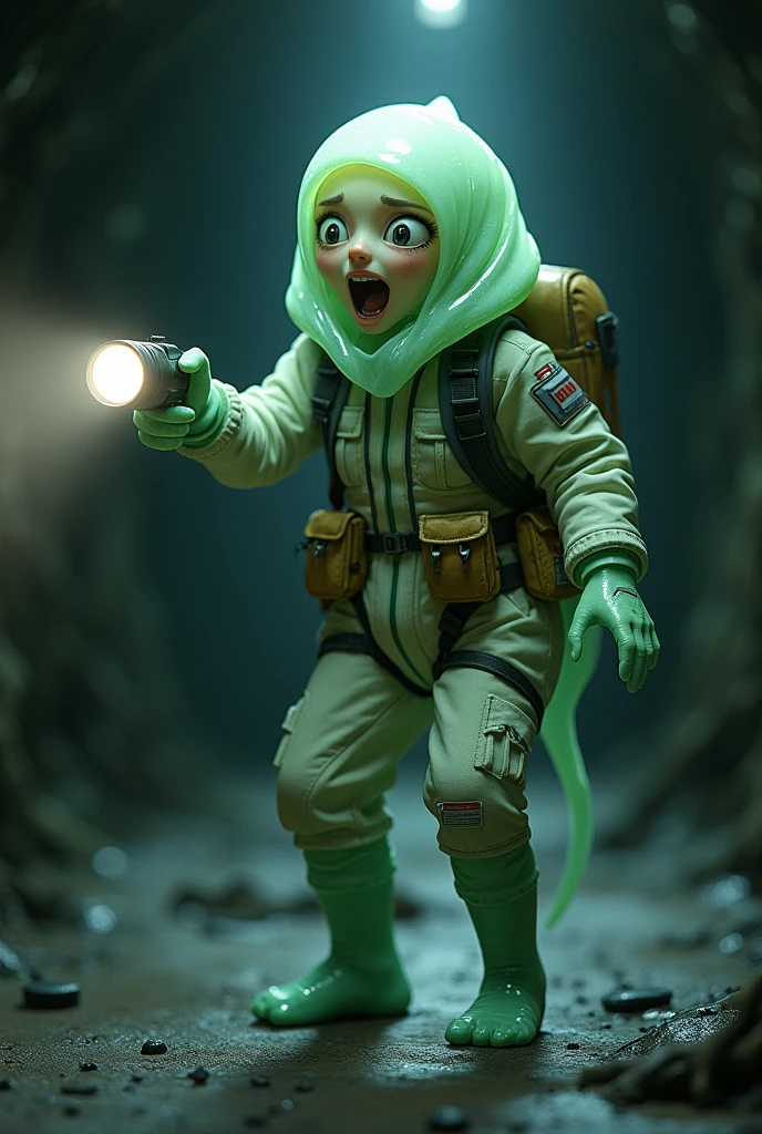 Here is an image of a girl made of slime in a scared pose. She wears a practical and durable search suit, with details such as pockets and straps. The pose should reflect fear or surprise, that you are holding a flashlight. The slime should have a transparent appearance with a slight shine. The expression on your face should clearly show surprise