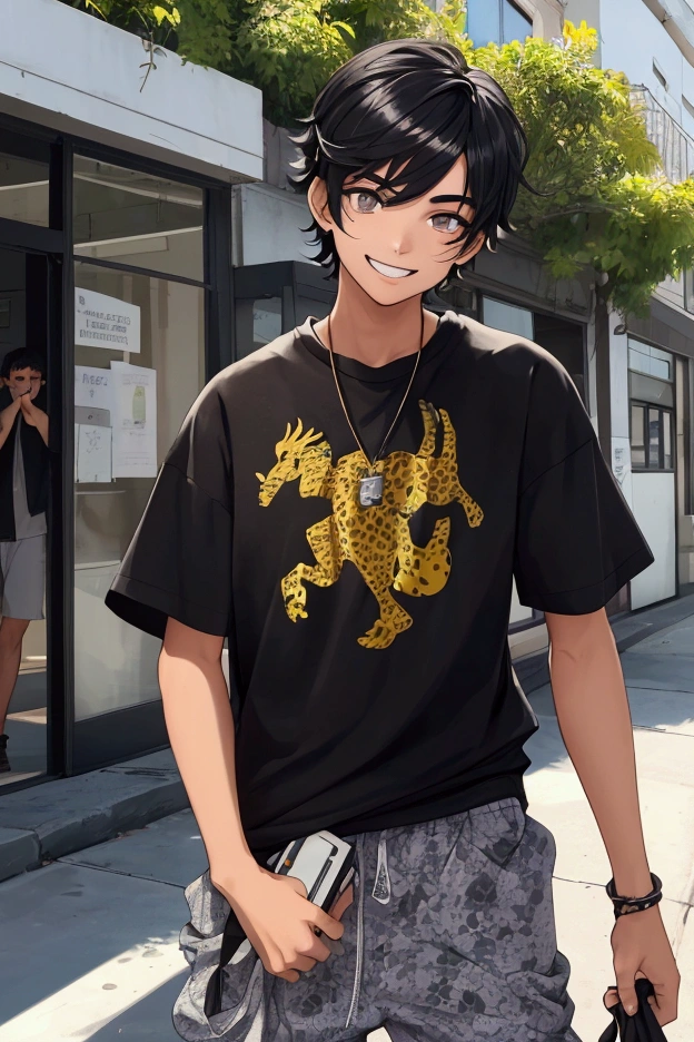 João, the firstborn, has an appearance that reflects his contagious energy. Her skin is dark and even in tone, with a natural glow that suggests vivacity. His short, deep black hair with bangs is often styled in a casual and modern way, falling lightly over his forehead and accentuating his striking features. João's eyes are black, bright and full of curiosity, with well-defined eyebrows that give it a dynamic expression. His face is round, with a big smile that stands out in his youthful appearance. João is a slender young man, but of average height, with an active physique that is reflected in his playing and sports habits. In terms of clothing, João opts for informal and fun clothes, such as t-shirts with lively prints, baggy pants and sneakers comfortable, allowing freedom of movement. His style reflects a youthful and playful personality, charming those around him in any social situation