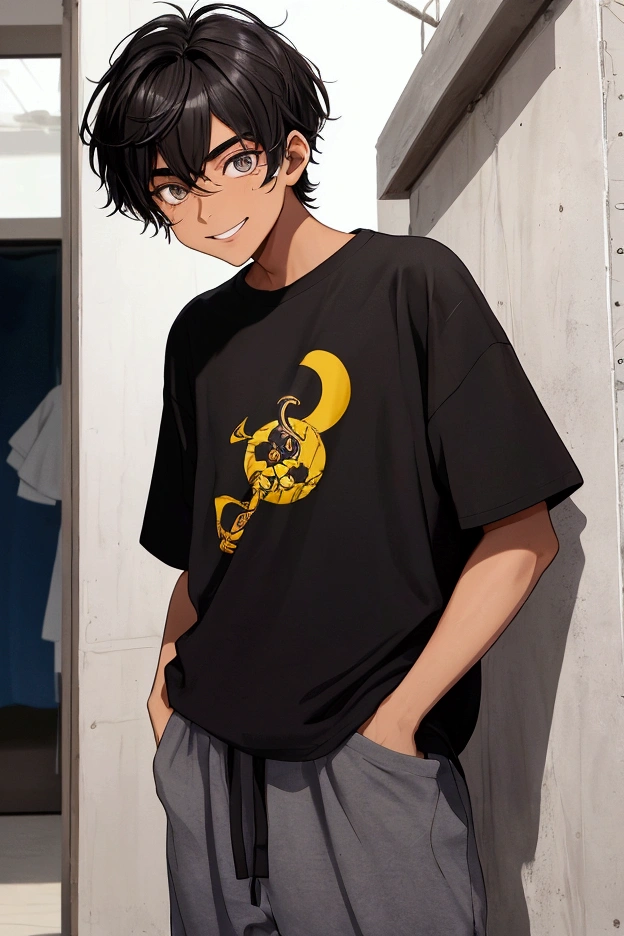 João, the firstborn, has an appearance that reflects his contagious energy. Her skin is dark and even in tone, with a natural glow that suggests vivacity. His short, deep black hair with bangs is often styled in a casual and modern way, falling lightly over his forehead and accentuating his striking features. João's eyes are black, bright and full of curiosity, with well-defined eyebrows that give it a dynamic expression. His face is round, with a big smile that stands out in his youthful appearance. João is a slender young man, but of average height, with an active physique that is reflected in his playing and sports habits. In terms of clothing, João opts for informal and fun clothes, such as t-shirts with lively prints, baggy pants and sneakers comfortable, allowing freedom of t. His style reflects a youthful and playful personality, charming those around him in any social situation