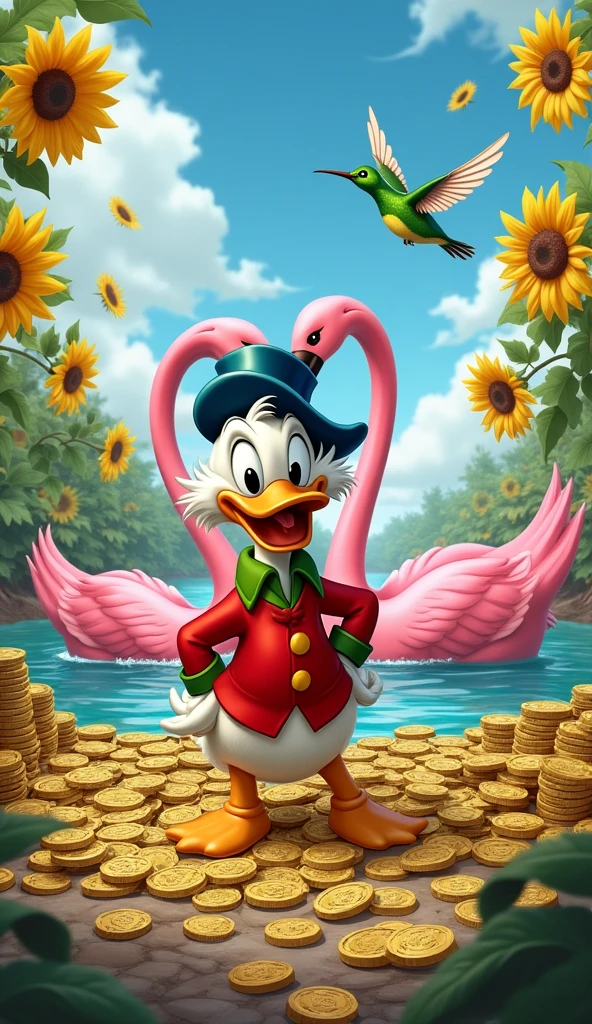 Scrooge McDuck smiling with lots and lots of money, dollar with the notes. Hummingbird flying and yellow sunflowers and two pink swans forming a heart because they are close.