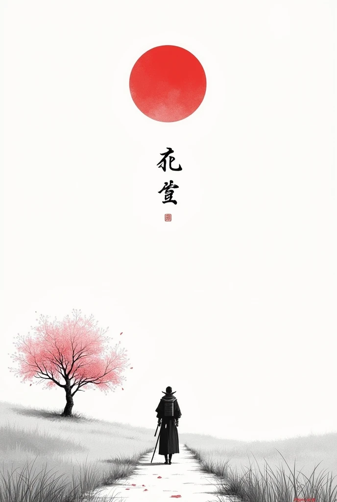 black and white drawing in Japanese style, Samurai in the distance (man, adult person) walking along a path through a field, a single pink cherry blossom tree nearby, Red moon in the sky, The picture above shows a Japanese kanji "quiet". Everything is harmonious around