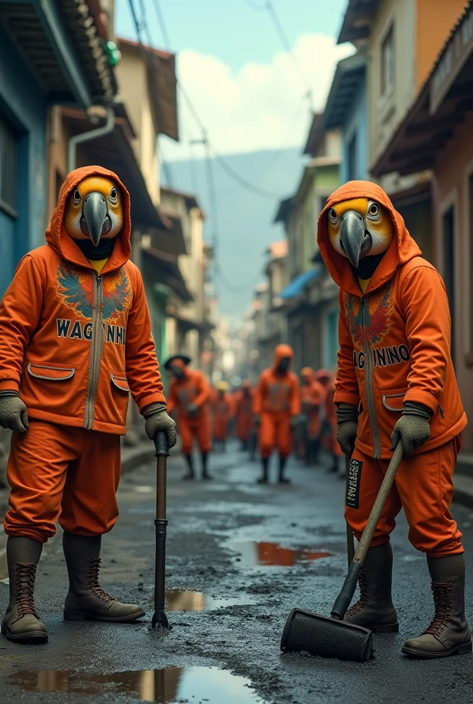 Image of a street in a Brazilian favela in Rio de Janeiro with men working with asphalt, with several parrots dressed as pirates wearing orange suits with the name Waguinho