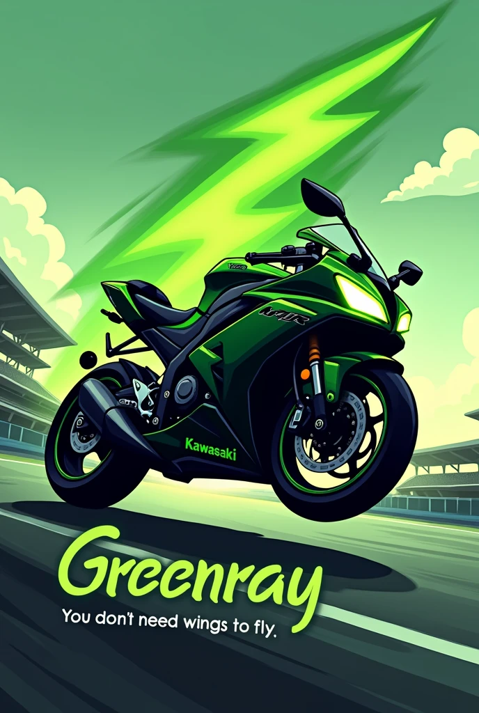a logo themed the silhouette of a green lightning bolt in the shape of a Kawasaki Ninja 300 motorcycle, falling on the track, The bike is in profile and under the surface it says "Green ray" "You don't need wings to fly", The logo is a cartoon
