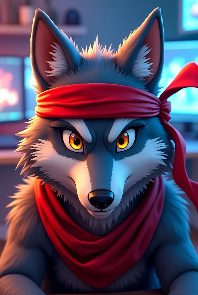 An animated wolf from the neck up with a red ribbon all over his head like a ninja and a gamer room in the background